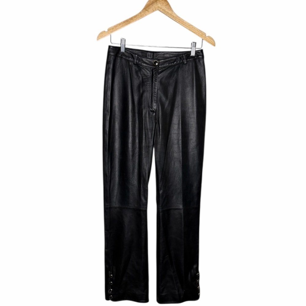 St. John Collection Vintage Italian Black Leather Pants Size 6 Snap Buttons